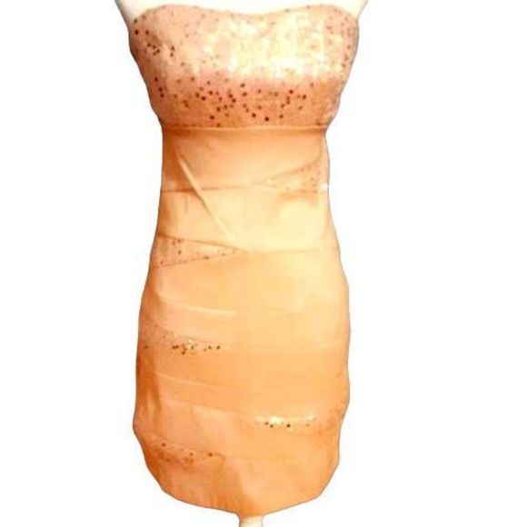 Champagne Pink Mini Pencil Strapless Dress with Sequin Hearts - Picture 1 of 7
